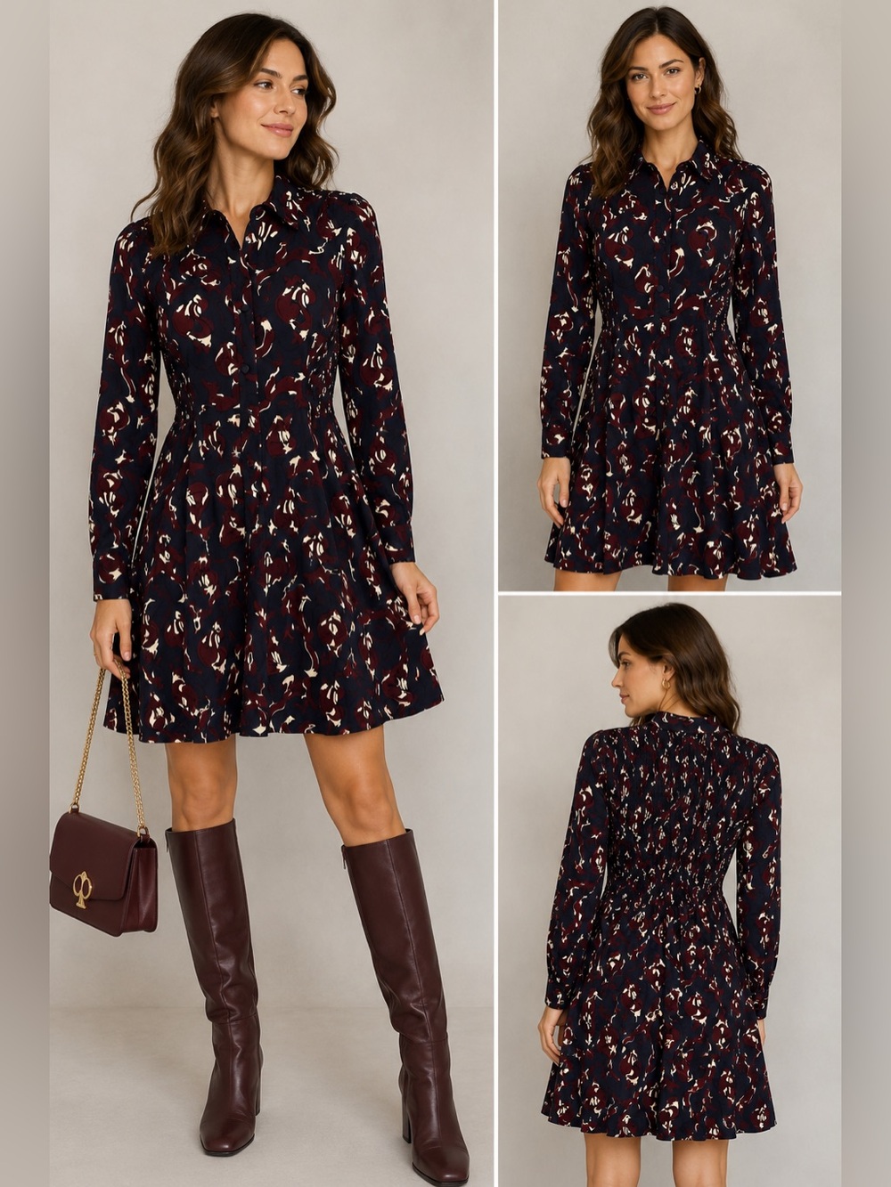 Kate Spade Foxes Smocked Dress Navy Burgundy Print Size 6 NWT